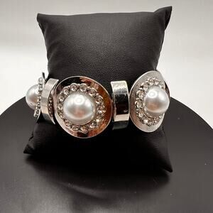 Silver Tone Faux Pearl Cuff Bracelet Stretchy Statement Jewelry